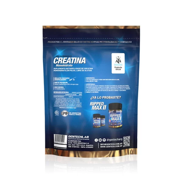 Creatina Monohidratada 500 Gr Sin Sabor Y Sin T.A.C.C. - Gentech - Imagen 2