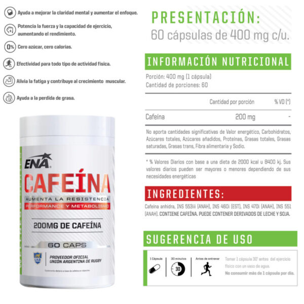 CAFEÍNA 200 MG 60 CAPSULAS - ENA SPORT - Imagen 2