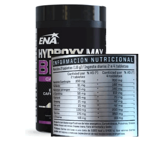 HYDROXY MAX BLACK QUEMADOR CON 200 MG DE CAFEÍNA 120 TABLETAS- ENA - Imagen 2