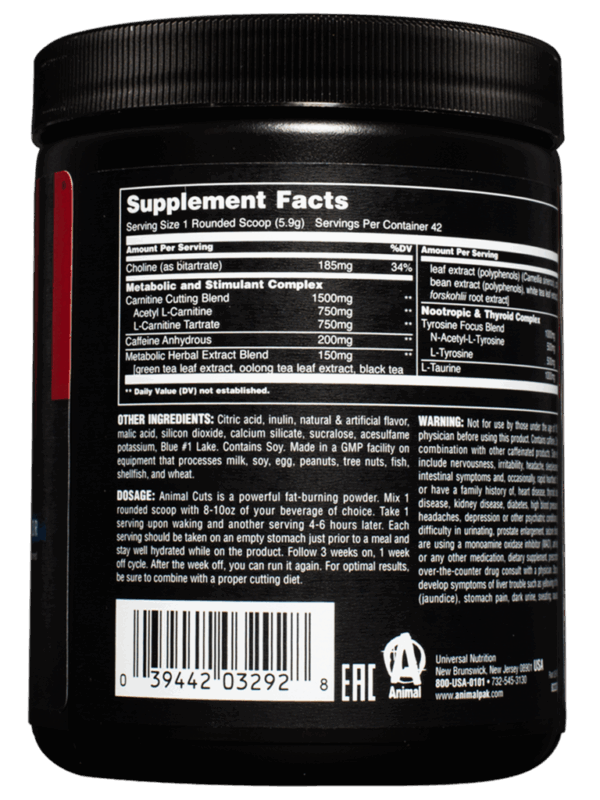 CUTS POWDER 265 GR QUEMADOR DE GRASA NARANJA MANGO - ANIMAL - Imagen 2