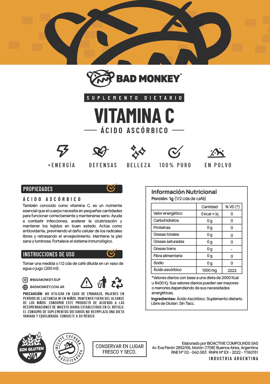 VITAMINA C 500 GR ACIDO ASCORBICO - BAD MONKEY - Imagen 4