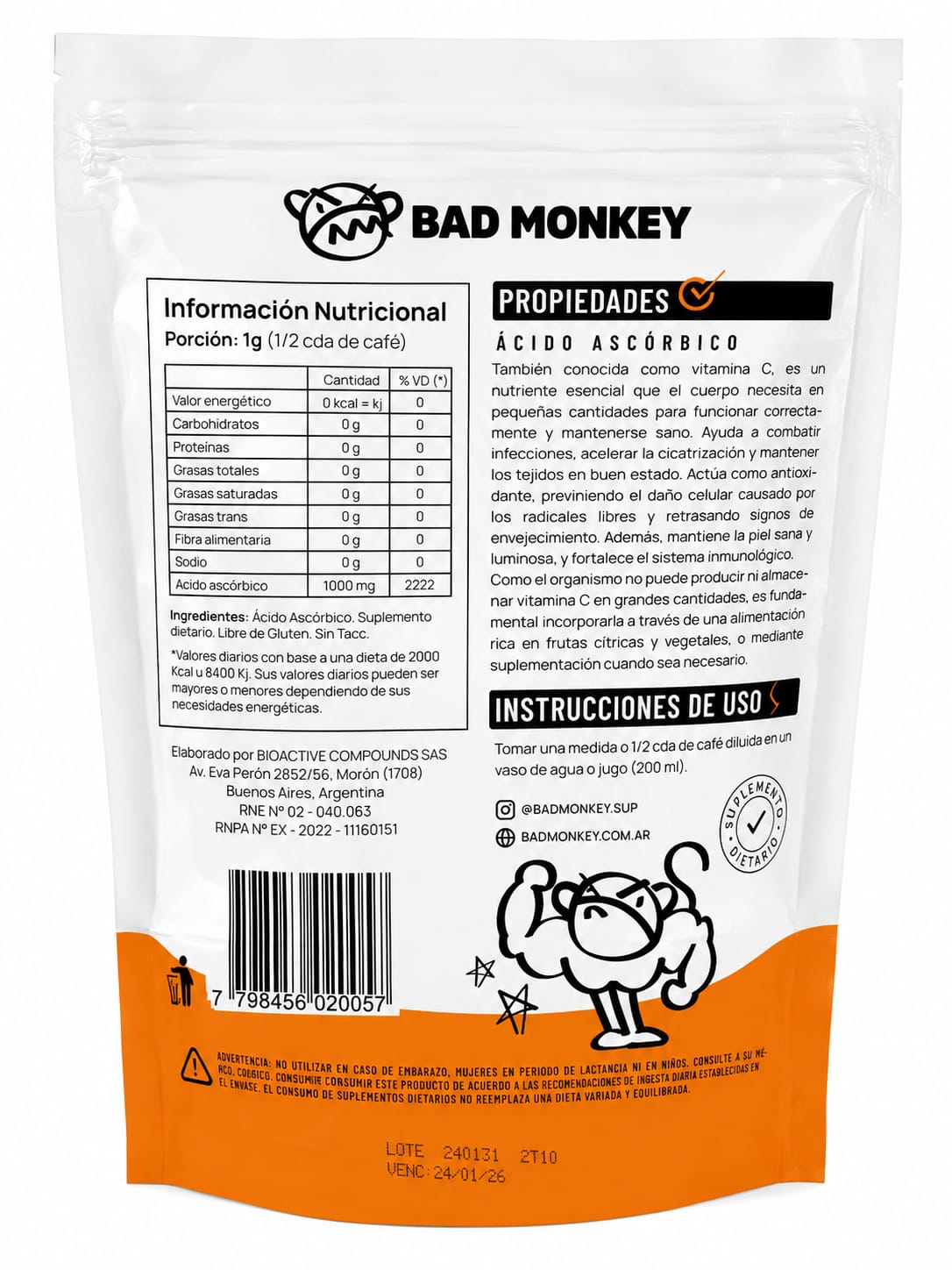 VITAMINA C 500 GR ACIDO ASCORBICO - BAD MONKEY - Imagen 2